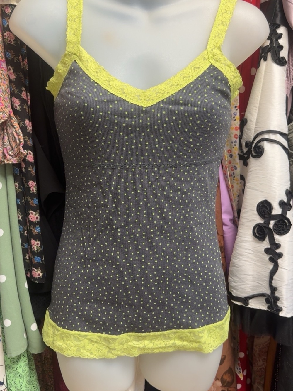 Y2K Kirra Gray and Lime Green Lace-Trim Polka Dot Cami Top